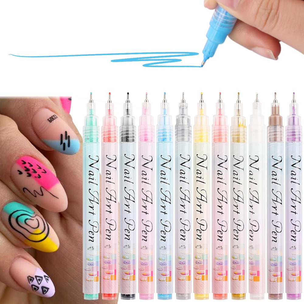 Fcozpjk Nail Art Graffiti Pen Set shows 12 color swatches for bold lines.