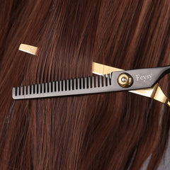Fcysy 6-inch barber shears feature a safe top blade design for easy use.
