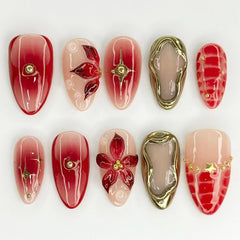 FDSQHSA 24-pcs red flower press-on nails almond medium for quick at-home manicure