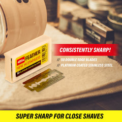Feather double-edge blades closeup-edge showcases a sharp edge for precise, clean shaves.