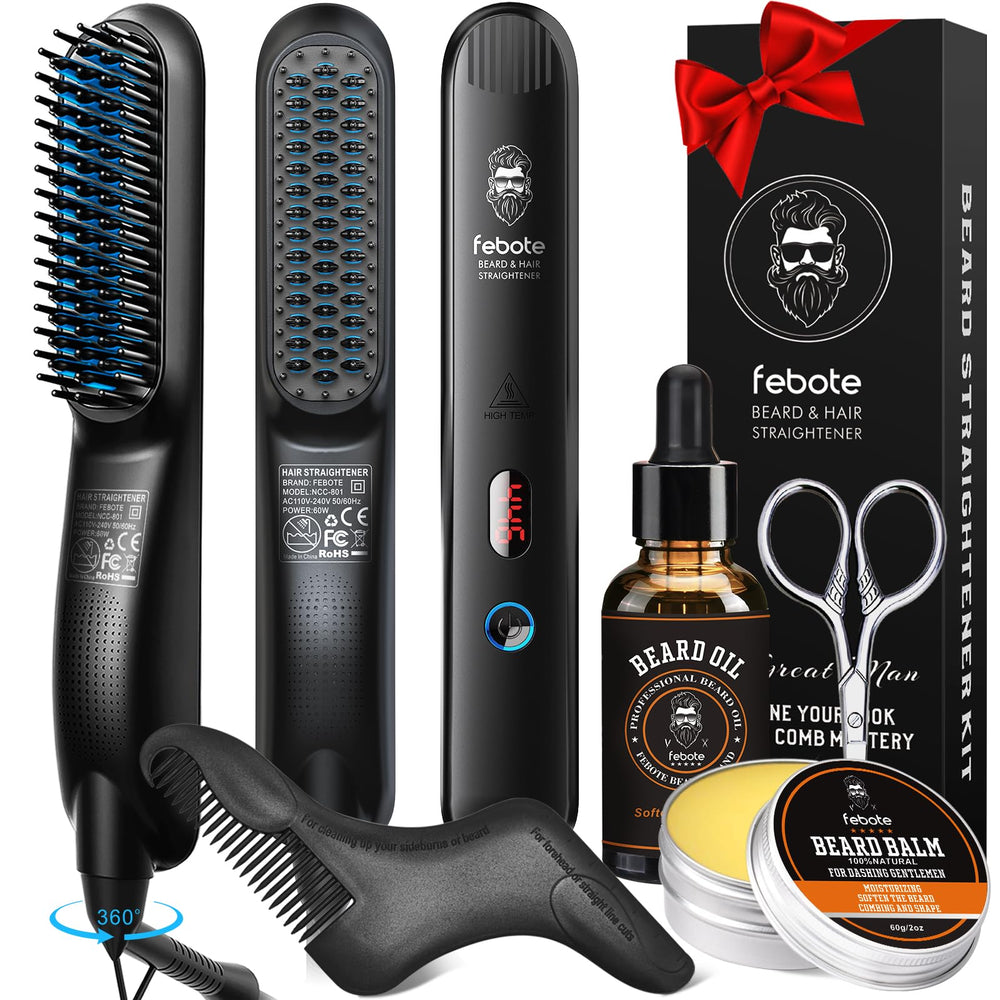 Febote beard straightener brush close-up showing smooth straightening and no-scald tech