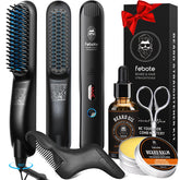 Febote beard straightener brush close-up showing smooth straightening and no-scald tech