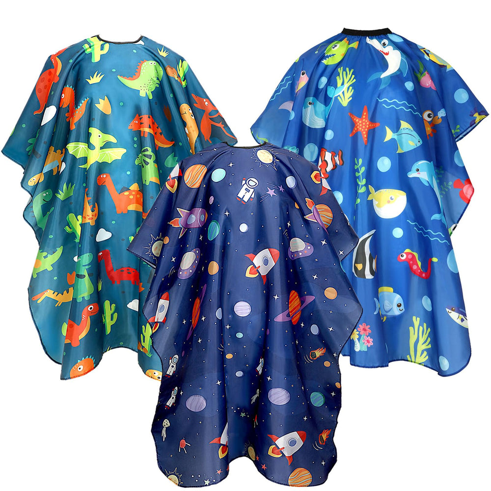 FEBSNOW kids haircut cape with universe pattern protects clothing during playful cuts.