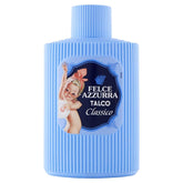 Felce Azzurra talcum bottle 7oz with classic cap delivers gentle skin refreshment.