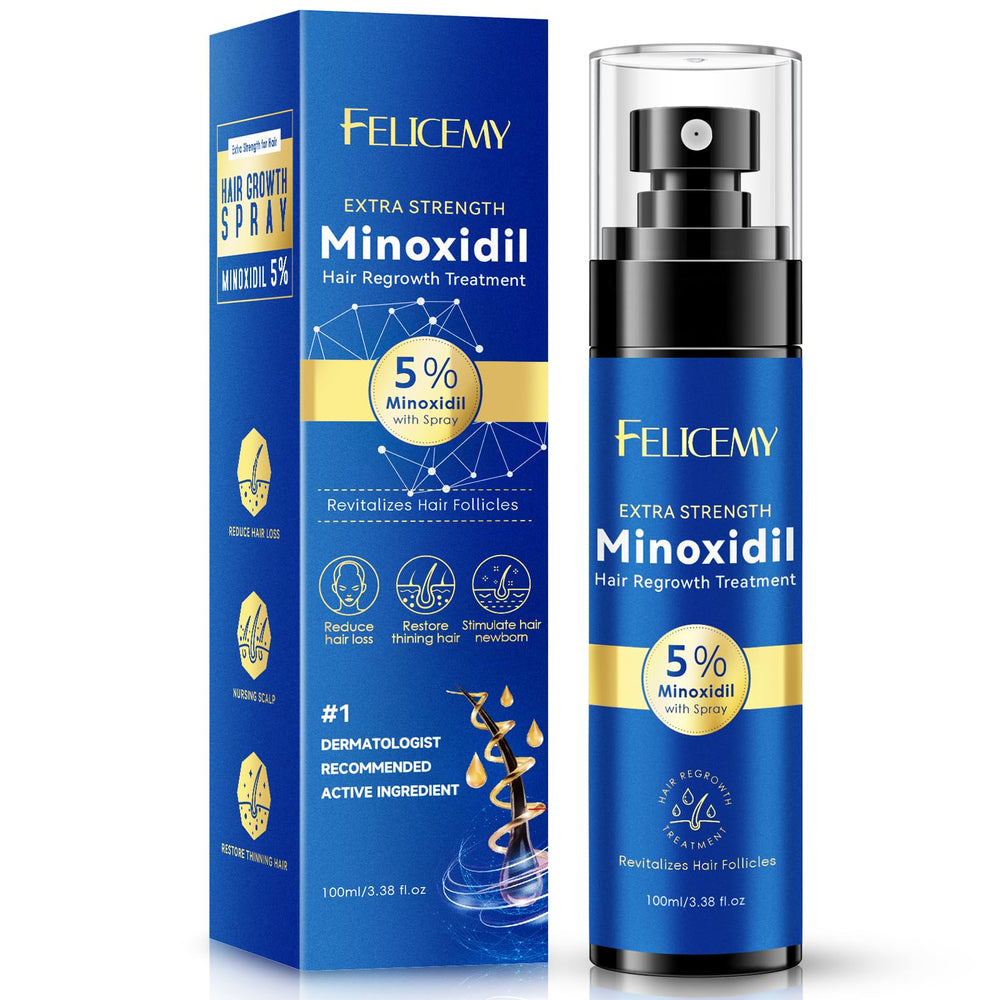 Felicemy 5% Minoxidil spray bottle front view for even scalp application.