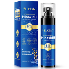 Felicemy 5% Minoxidil spray bottle front view for even scalp application.