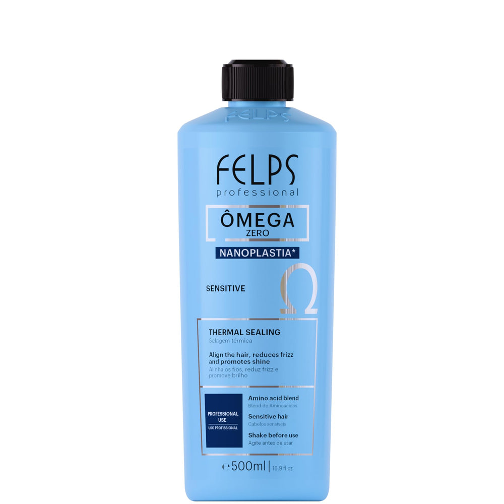 Felps Omega Sensitive bottle closeup highlights formaldehyde-free smoothing benefits