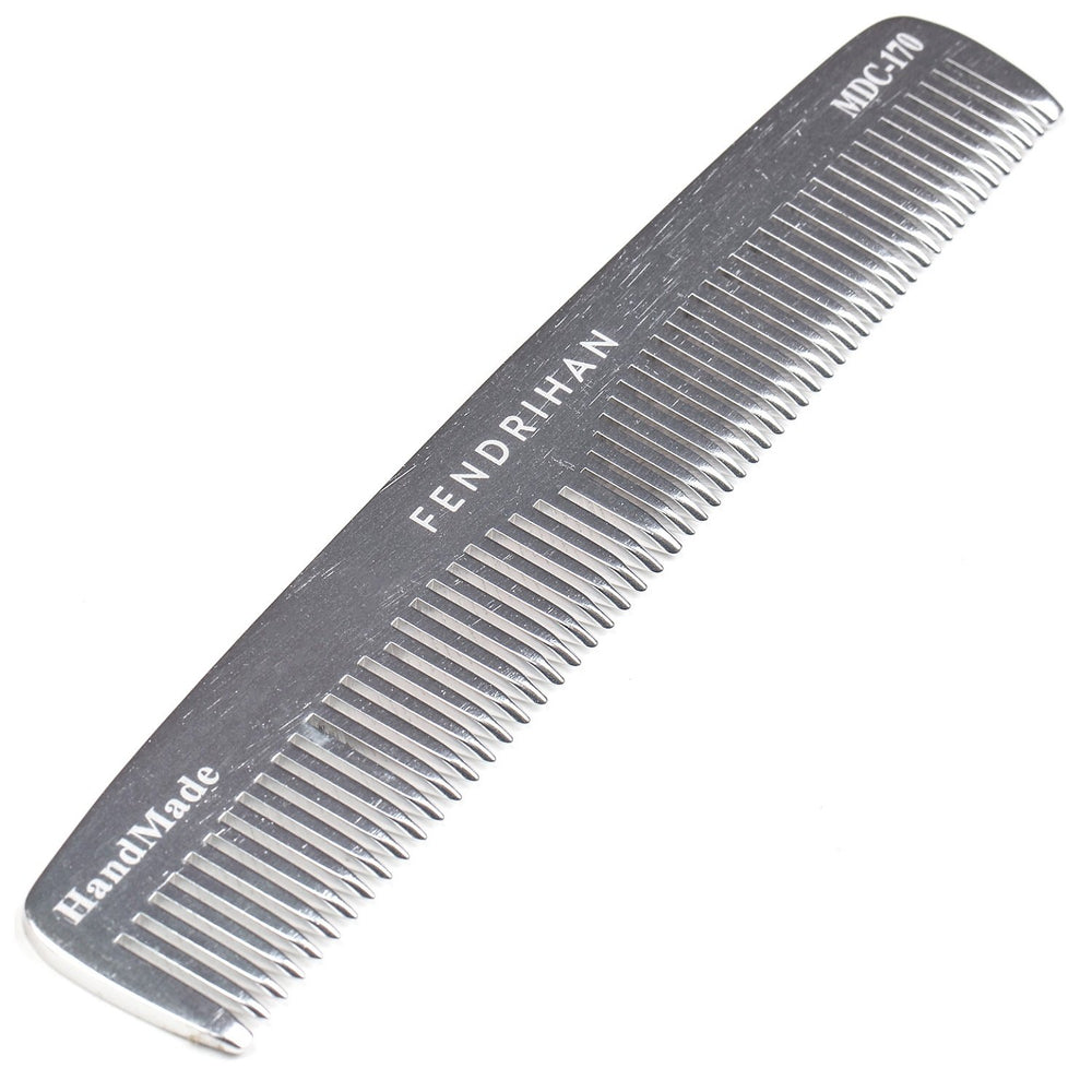 Fendrihan sturdy metal double-tooth barber comb top view for precise grooming and scalp massage.