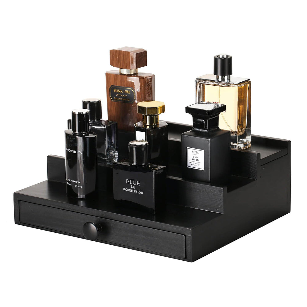 Fengligoo black wooden Cologne Organizer top view shows neat display for daily fragrances