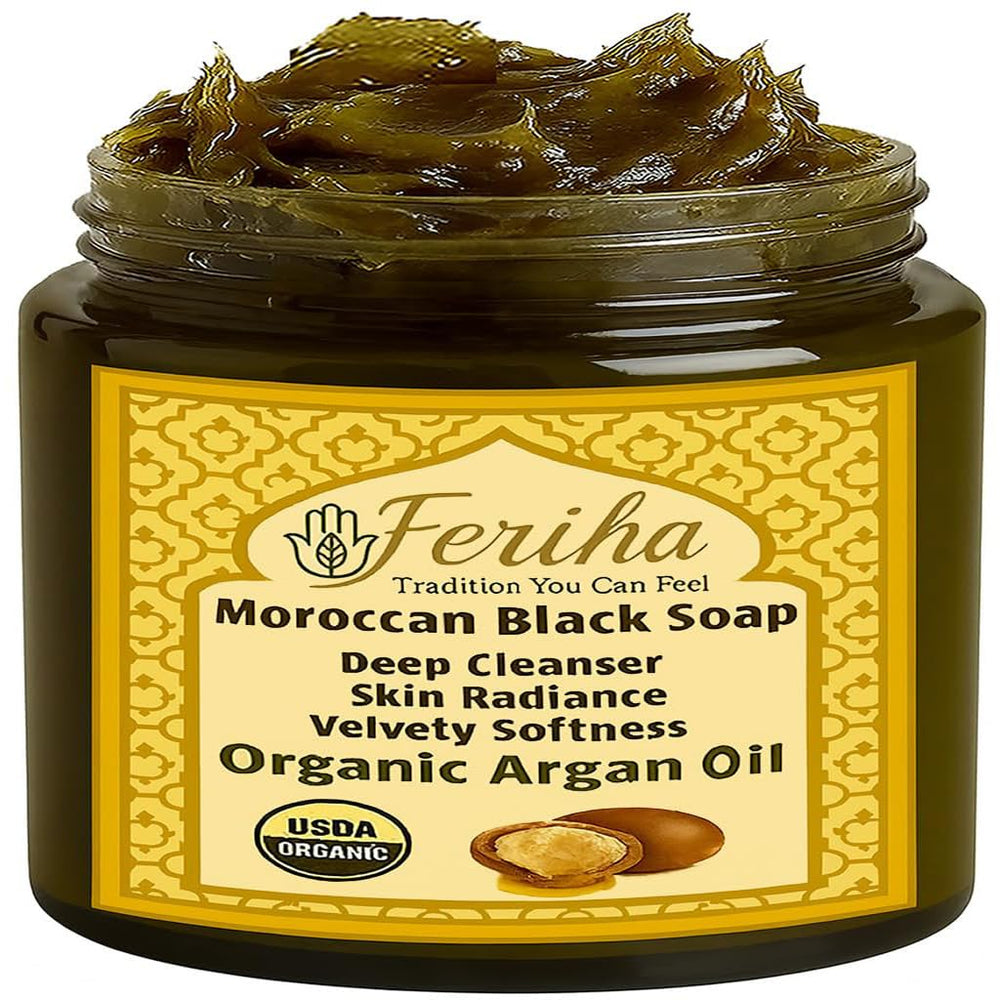 FERIHA Moroccan Black Soap bar close-up with argan oil for nourishing cleansing.