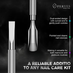 FERYES stainless steel cuticle tool showing durable salon-grade construction.