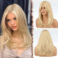 FESHFEN Blonde Wigs with Bangs showcases long layered straight hair for daily glam.