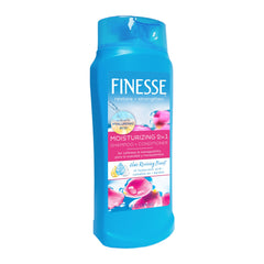 FINESSE Restore + Strengthen shampoo bottle shows easy, one-step moisture for dry hair.