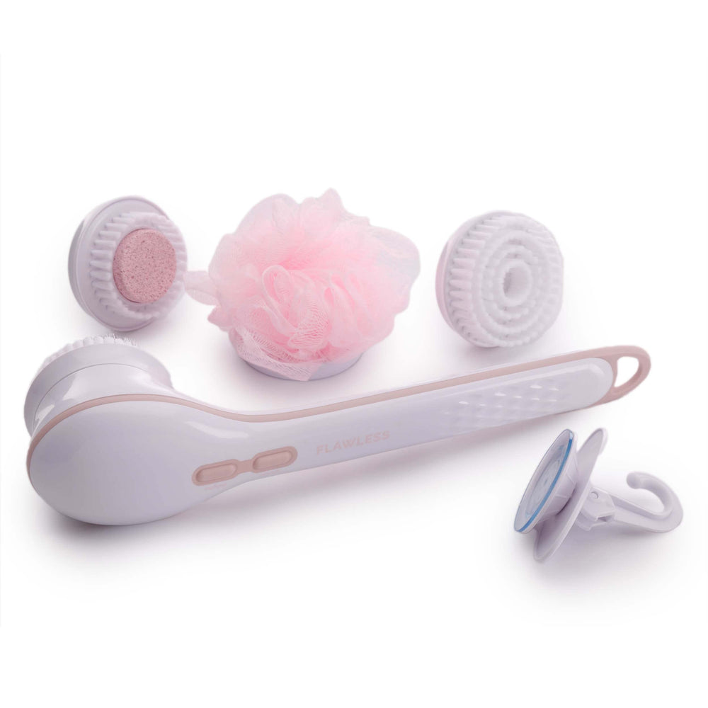 Finishing Touch Flawless Cleanse Spa features a long handle for hard-to-reach areas during cleansing.