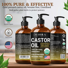 Pump dispenser on Fiora Naturals castor oil enables easy, mess-free application.