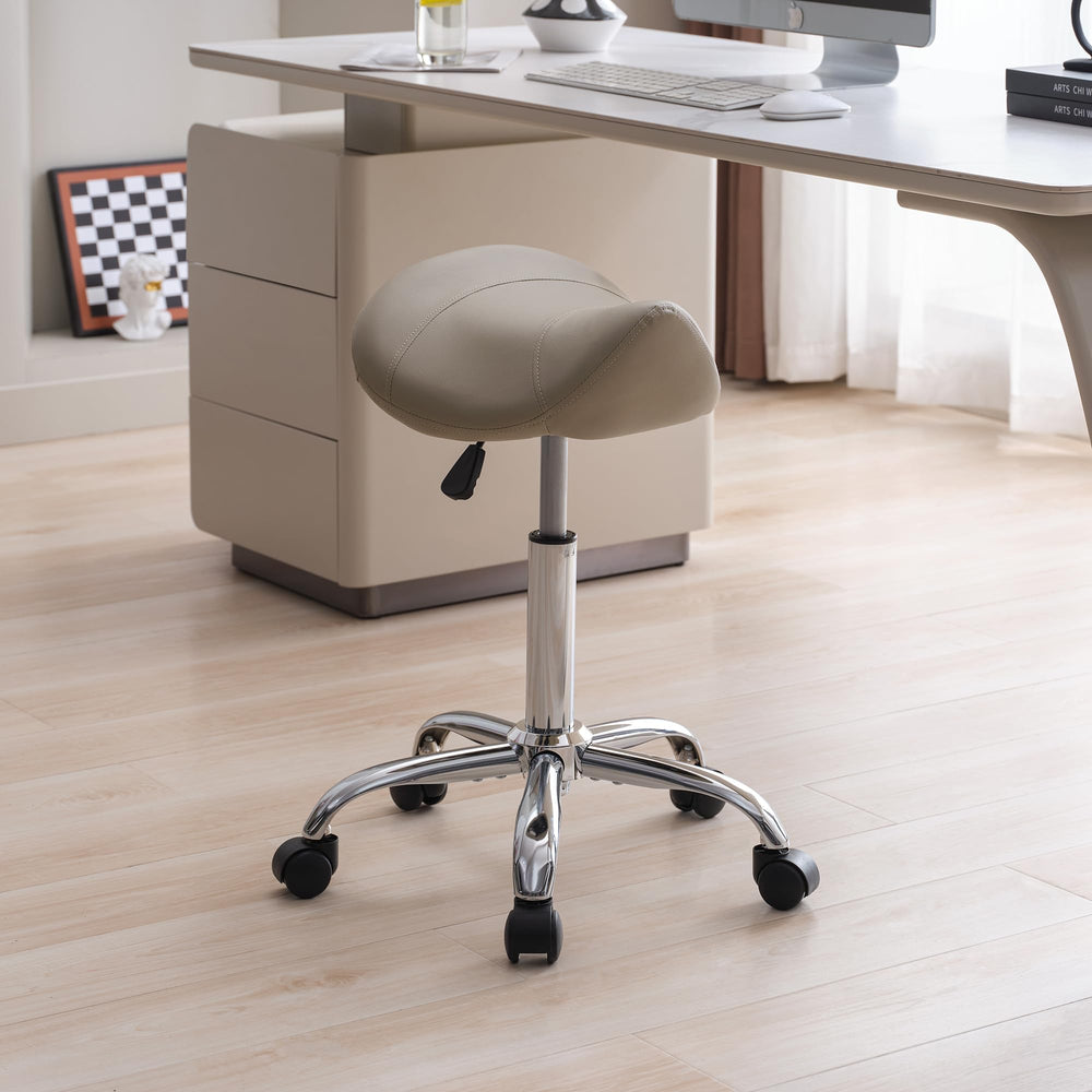 FIRAVOE Saddle Stool adjustable height shows versatile seating for different tasks.