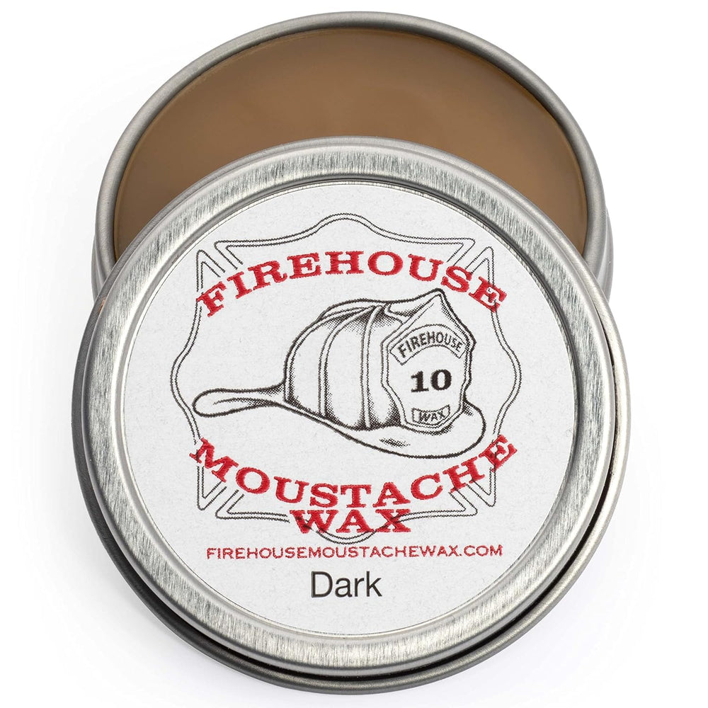 Firehouse Moustache Wax dark tin close-up shows natural color and strong hold.