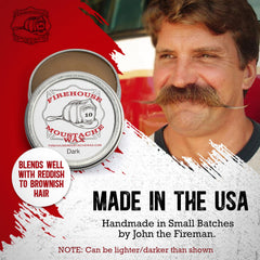 Firehouse Moustache Wax dark tin packaging highlights USA-made craftsmanship and small-batch care.