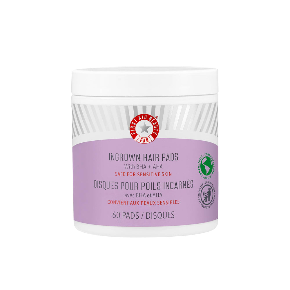 First Aid Beauty ingrown hair pads packaging shows compact daily-use design for post-shave care.