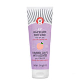 First Aid Beauty KP Bump Eraser bottle close-up showing peach scent for smoother skin.