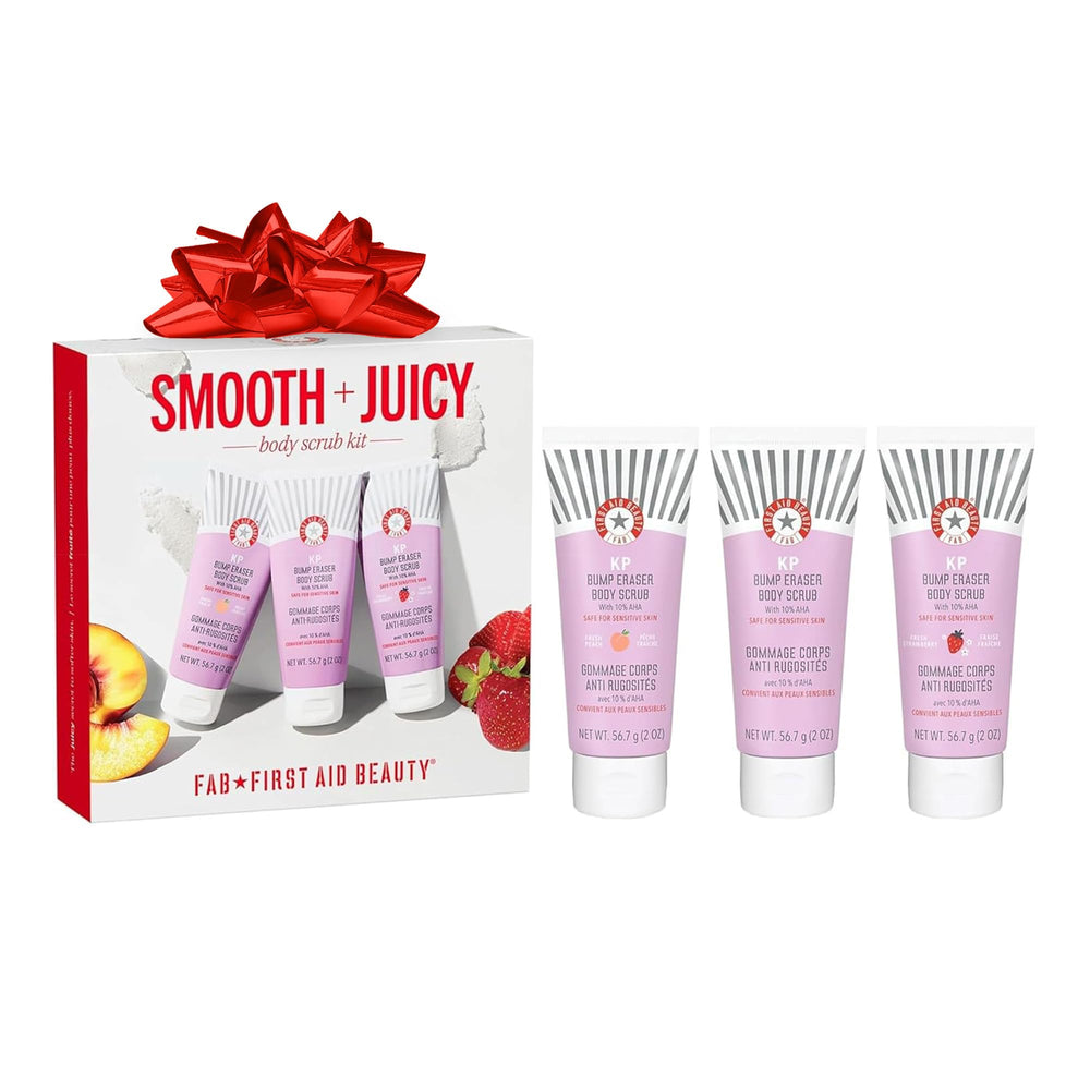 First Aid Beauty KP scrub strawberry jar highlights fruity scent for smoother skin