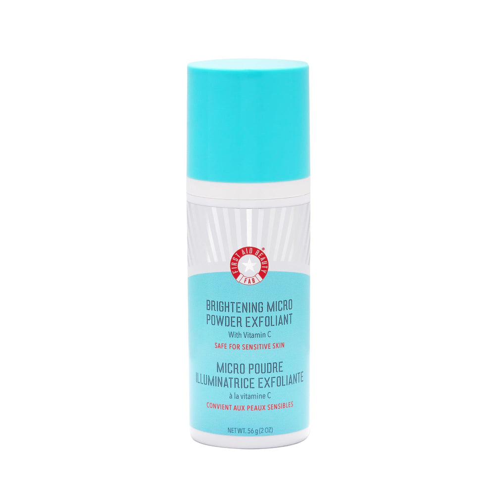 First Aid Beauty Micro Powder Exfoliant jar-front view for easy at-home exfoliation