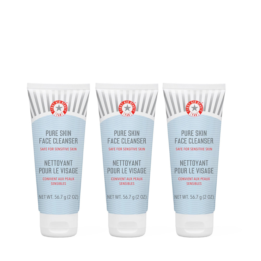 First Aid Beauty Pure Skin Face Cleanser bottle close-up showing fragrance-free gentle cleansing.