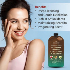 First Botany All Natural Body Wash cranberry-walnut-ingredients highlight natural extracts for skin comfort.
