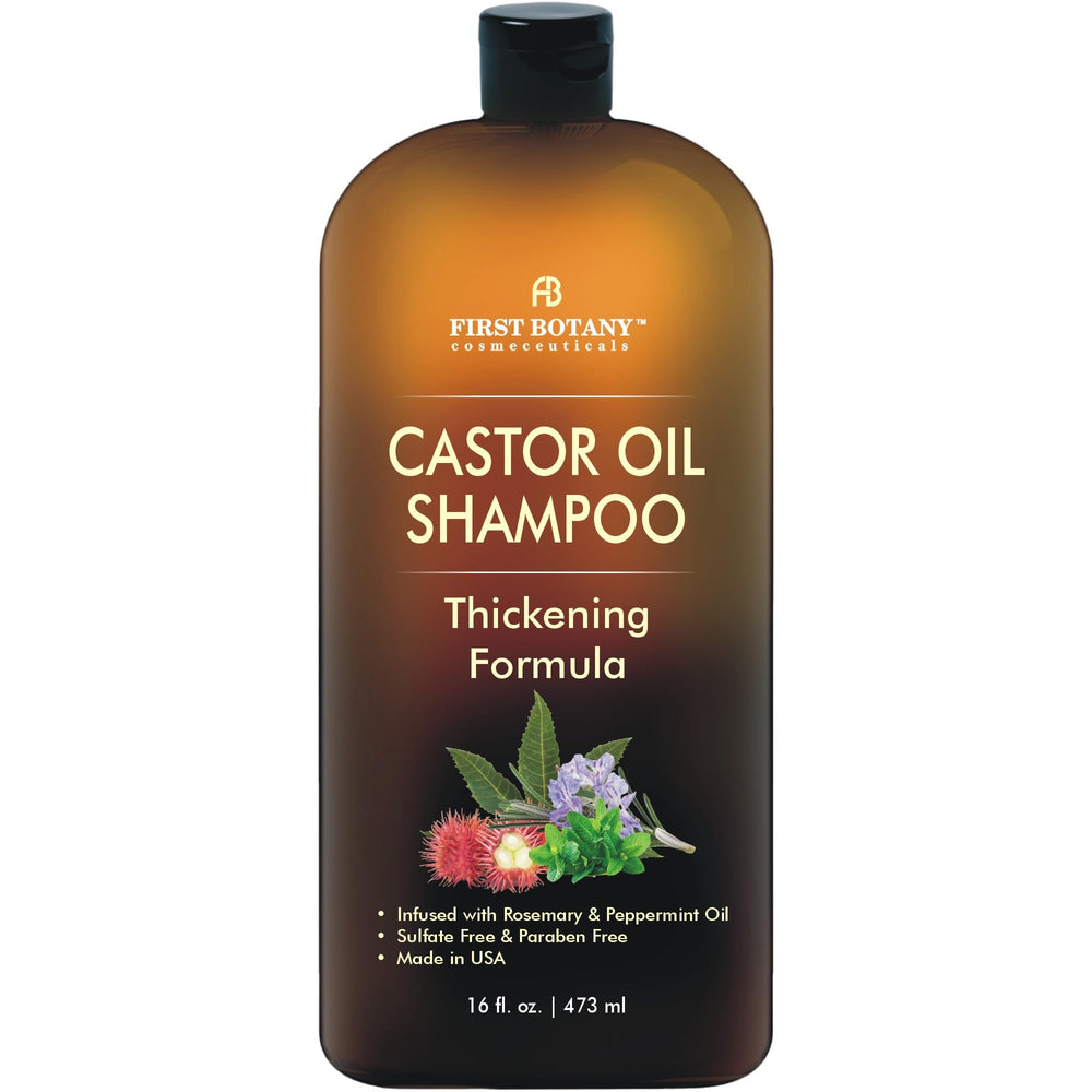 First Botany Castor Oil Shampoo bottle highlights hydrating formula for scalp nourishment.