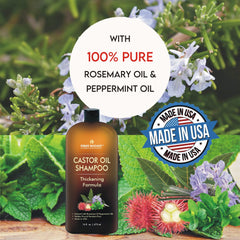 Close-up of ingredients bottle with rosemary, peppermint, chamomile for scalp care.