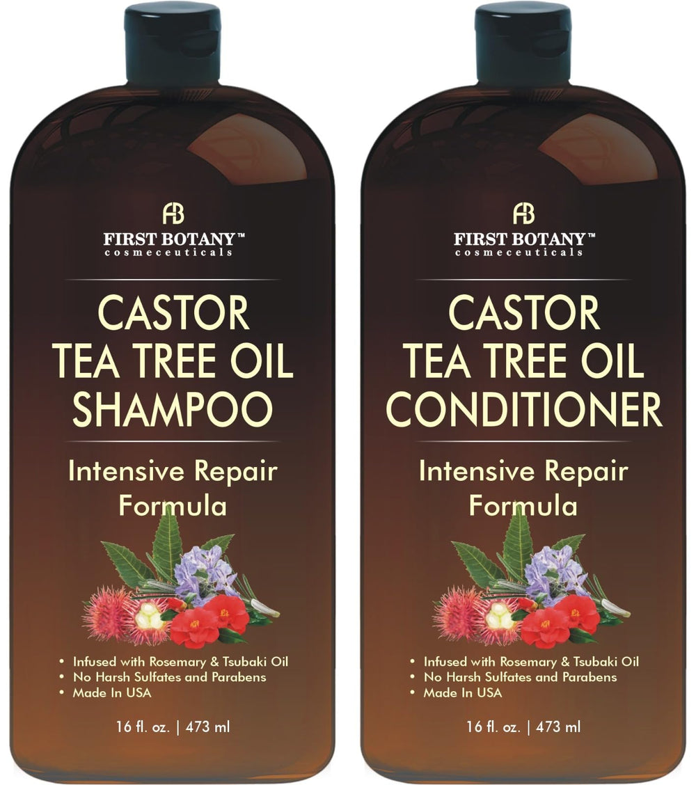 First Botany Castor Tea Tree Shampoo bottle promotes fuller-looking hair.
