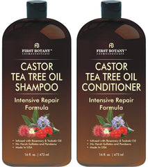 First Botany Castor Tea Tree Shampoo bottle promotes fuller-looking hair.