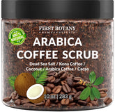 First Botany Cosmeceuticals coffee scrub bottle closeup showing organic ingredients for radiant skin.