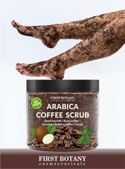 First Botany coffee scrub texture image highlights exfoliating grounds for smoother skin.