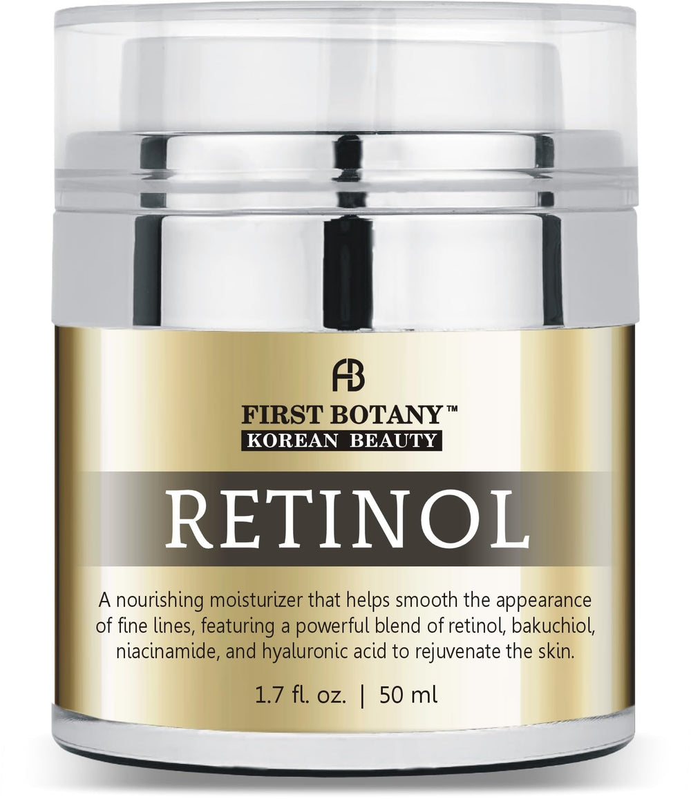 First Botany Korean Retinol Moisturizer jar showing rich hydration and anti-aging support.