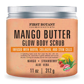 First Botany mango butter body scrub jar showcases rich exfoliating texture for smooth skin.