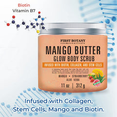 First Botany mango butter body scrub salt grains enhance tactile exfoliation and glow.