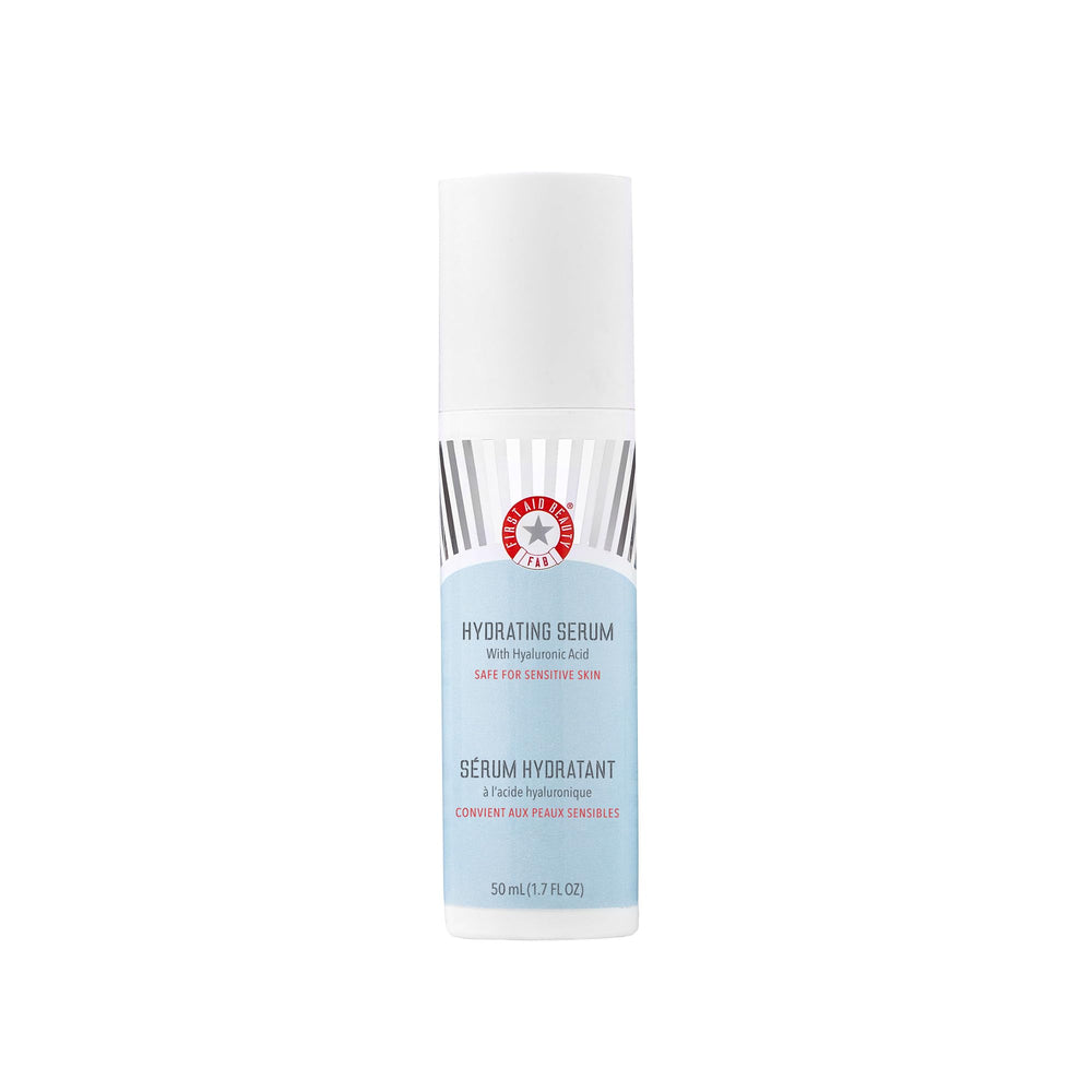 First Aid Beauty hydrating serum bottle with droplets signaling 24-hour hydration.