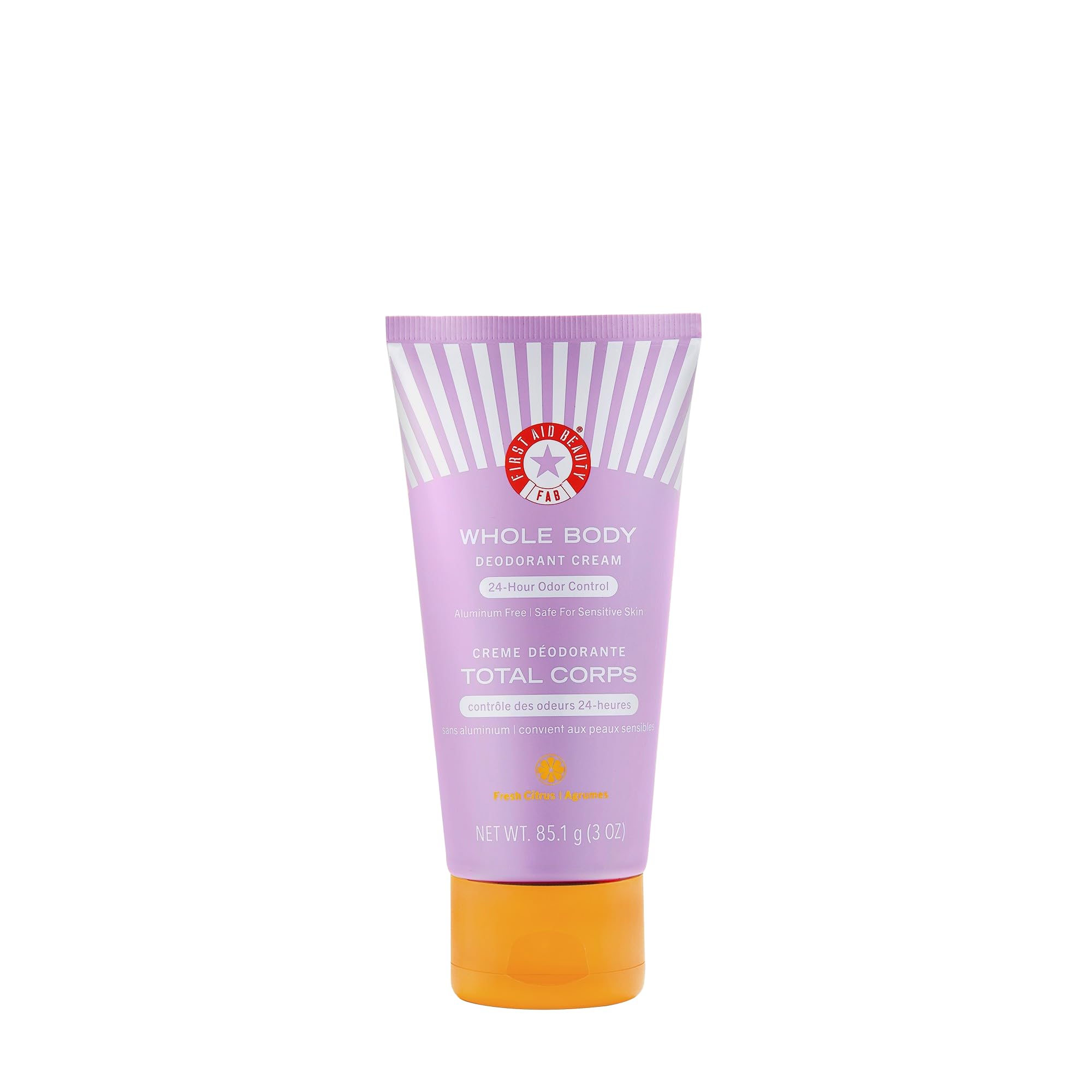 First Aid Beauty Whole Body Deodorant Cream packaging highlights all-day odor control.