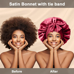 FIRSTPELLA adjustable-tie-band satin bonnet demonstrates secure fit with extra-long ties.