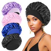 FIRSTPELLA silk bonnet 4pc-packaging shows color options for gentle bedtime hair care.