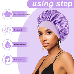FIRSTPELLA silk bonnet black-on-head demonstrates comfortable sleep with a gentle elastic band.