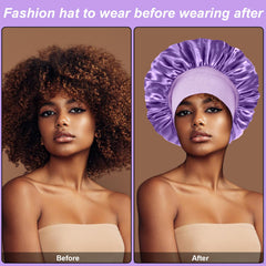 FIRSTPELLA silk bonnet sapphire-blue-on-head secures a comfortable fit for night rest.