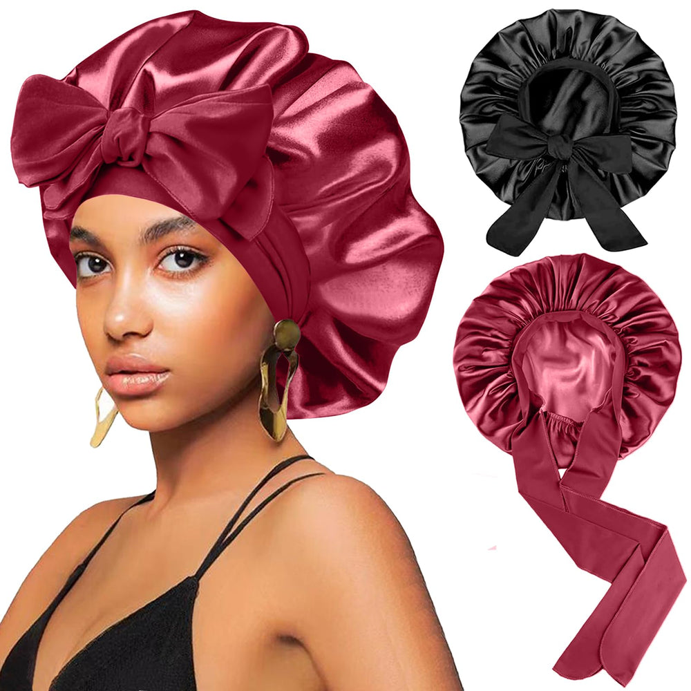 FIRSTPELLA silk hair bonnet worn by model for sleep comfort and frizz protection.