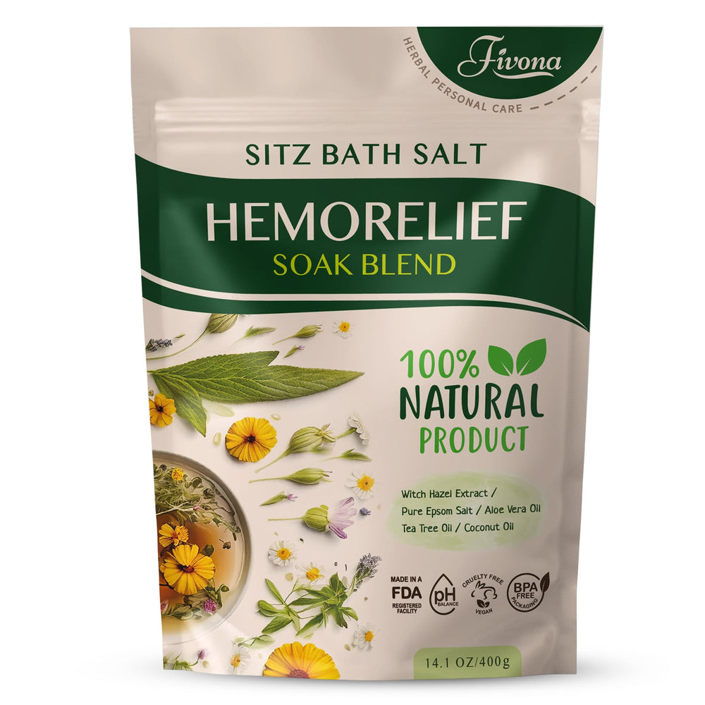 Fivona Hemorelief Sitz Salt packaging emphasizes natural formula for perineal comfort.