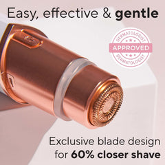 Flawless Finishing Touch Lavender LED light helps reveal fine peach fuzz for precise use.