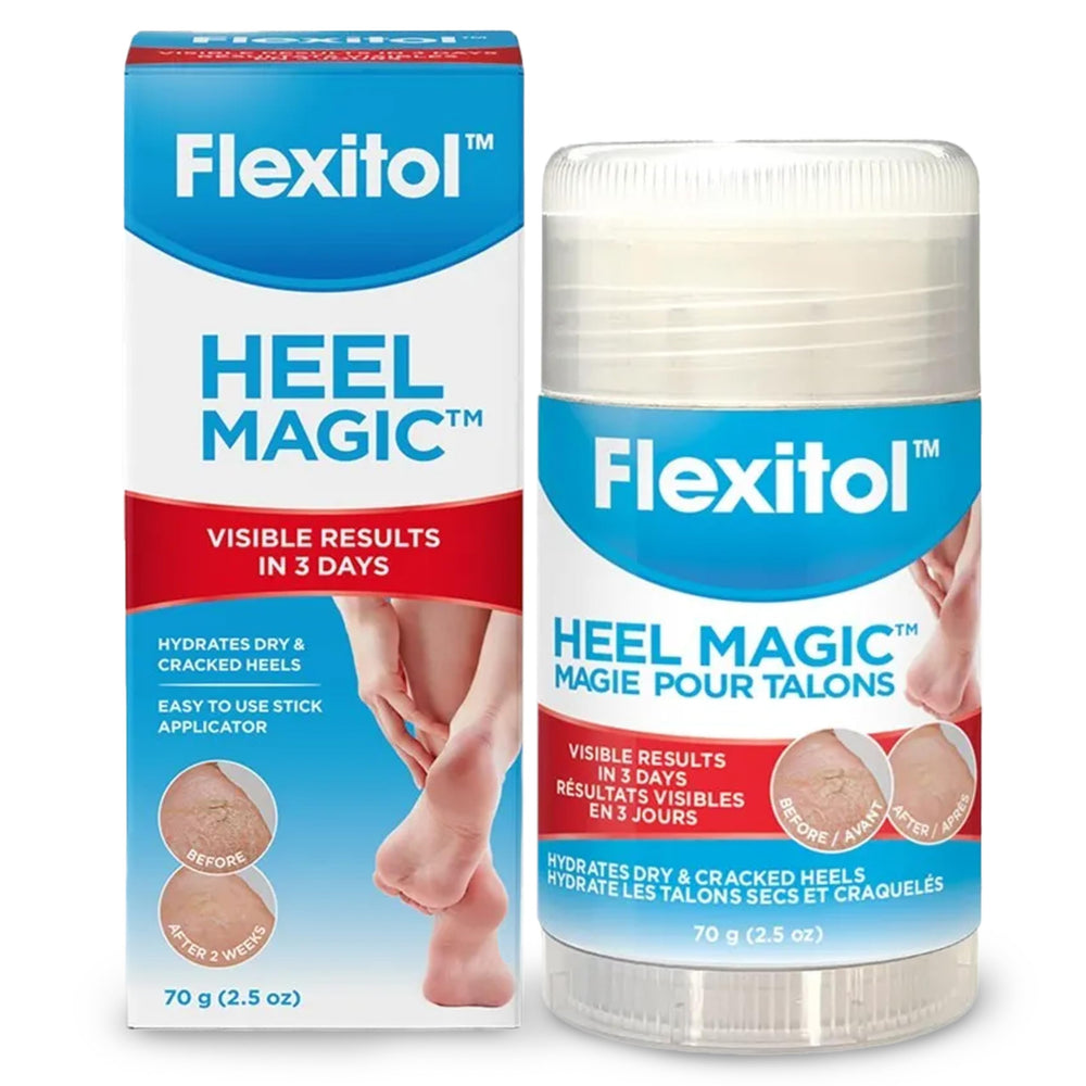 Flexitol Heel Magic tube application shows easy-to-use balm for dry heels