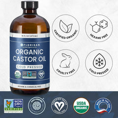 Florisan castor oil glass bottle closeup highlights rich texture for scalp use.