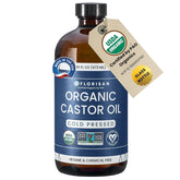 Florisan castor oil glass bottle showcases purity for skin and hair nourishment.