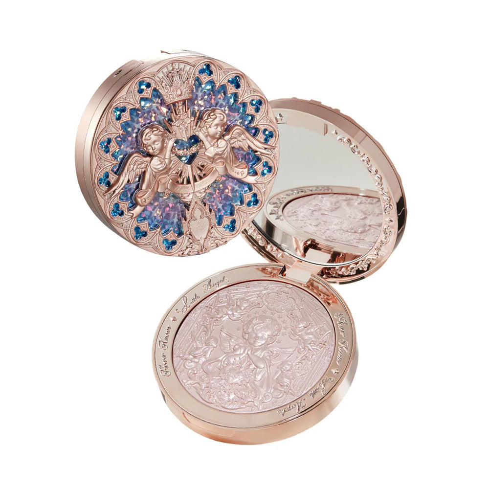 Flower Knows Little Angel highlighter packaging closeup showing rose-window-inspired glow for premium feel.